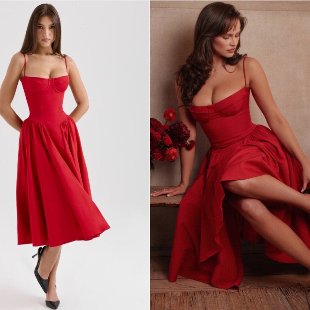 HOUSE OF CB 'Samaria' Red Gathered Midi Dress NWOT